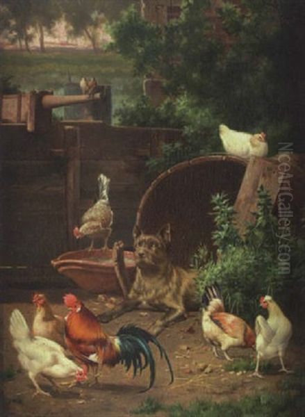 Barnyard Scene With Chicken And Dogs - view 1