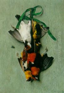 A Still Life With Hanging Birds by Edouard Quitton