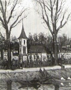 Rameurs Sur La Riviere Devant L'eglise Du Village Rameurs Sur La Riviere Devant L'eglise Du Village