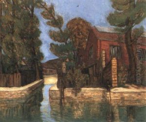 Pecheur Et Maison Au Bord Du Canal De La Villette by Alphonse Leon Quizet