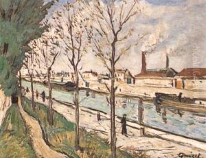 Peniches Sur Le Canal by Alphonse Leon Quizet