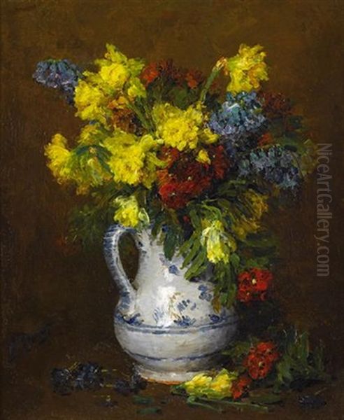 A Blue And White Vase With Mixed Flowers - view 1