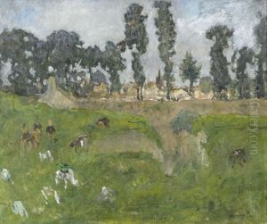 Landschaftspartie Am Stadtrand Mit Weidenden Tieren Landschaftspartie Am Stadtrand Mit Weidenden Tieren