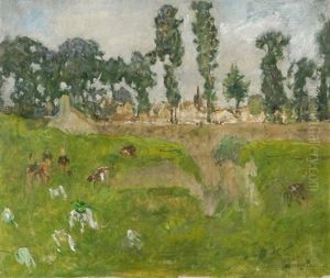 Wiesenlandschaft Mit Menschengruppe Und Weidenden Kuhen, Im Hintergrund Ein Dorf by Ernest Quost