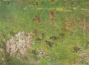 Wiesenlandschaft Mit Bluhendem Strauch Und Aufgescheuchten Wildenten by Ernest Quost