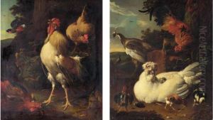 A Triumphant Cockerel Crowing Over His Victory; A Chicken And A Pea-hen In A Landscape by Giovanni Bonami