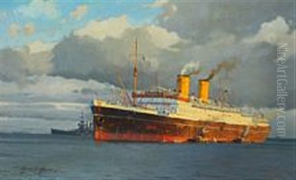 Passenger Ship At Anchor With A Warship On Its Starboard Side - view 1