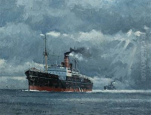 Seascape With Motor Ship In The Open Sea - view 1