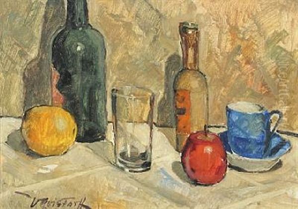 Still Life On A Table With Glass, Bottles And Fruit - view 1