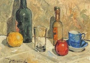 Still Life On A Table With Glass, Bottles And Fruit