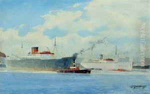 View From A Harbour With Larger Freighter by Victor Qvistorff