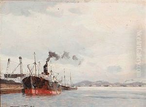 Two Harbour Scenes And One Seascape (3 Works) by Victor Qvistorff
