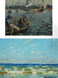 Coastal Scene With Sailing Ships On The Horizon (+ Harbour With Small And Larger Ships, 1949, Oil On Cardboard, Smaller; 2 Works)
