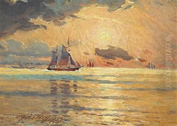 Seascape With Sailing Ships At Sunset - view 1