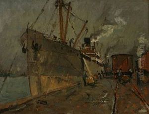 Harbour Scene With A Ship Being Loaded by Victor Qvistorff