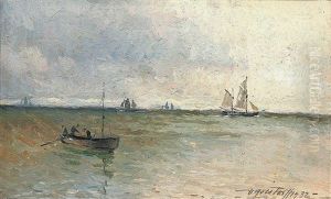 Ruder Und Segelboote Unter Bedecktem Himmel Mit Aufhellungen