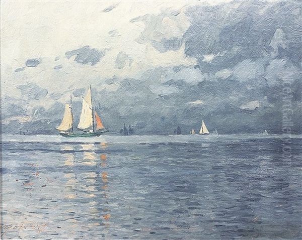 Viele Segler Auf Ruhiger See, Dunkle Wolken Am Horizont - view 1