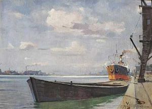 Havneparti Med Dampskib, Der Ligger Til Kaj by Victor Qvistorff