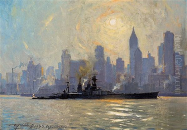 Der Englische Kreuzer "hood" Vor Der Skyline Von New York - view 1