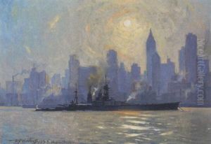 Der Englische Kreuzer "hood" Vor Der Skyline Von New York