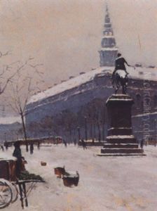 Vinterdag Pa Hojbro Plads Med Folkeliv Og Sporvogne, I Baggrunden Christiansborg Slot
