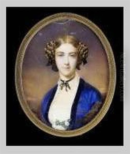 A Young Lady, Called Marie Von Wedel, Wearing Black-edged Blue Dress With White Underdress And Red, Fur-trimmed Shawl, Fresh Flowers At Her Corsage, A Black Ribbon Secured With A Pearl At Her Throat - view 1