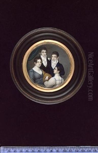 A Family Group: The Father And Son Wearing Dark Coloured Coats And White Stocks; The Mother Wearing Grey Dress With White And Brown Shawl Over Her Arm; The Daughter Wearing White Dress With High Ruff - view 1