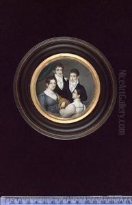 A Family Group: The Father And Son Wearing Dark Coloured Coats And White Stocks; The Mother Wearing Grey Dress With White And Brown Shawl Over Her Arm; The Daughter Wearing White Dress With High Ruff by Karl Josef Raabe