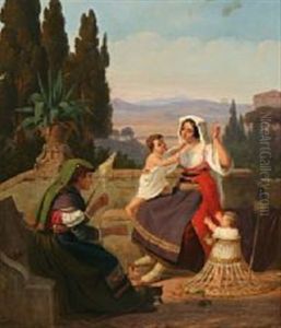 Roman Family Idyll With A Mother And Two Small Children Visiting Grandmother by Peter Johann Raadsig