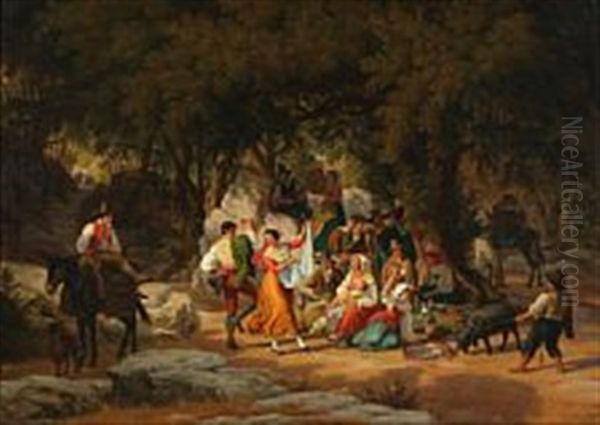 Italian Villagers On A Picnic In The Forest - view 1