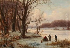 Winter With Playing Children On A Frozen Lake by Peter Johann Raadsig