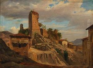 Scenery With A Ruin In Olevano, Italy by Peter Johann Raadsig