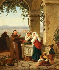 Italian Landscape With Women And Monks By The Well by Peter Johann Raadsig