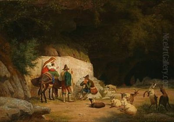 Scene From Italy With Goat Herders In Conversation In Front A Cave - view 1
