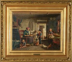 Country Interior With Grandmother Carding Wool