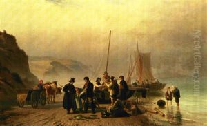 Fiskere Pa Stranden Saelger Deres Fangst