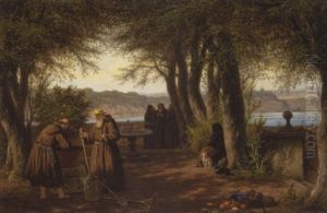 Sysselsatte Munke Pa En Terrasse Ved Albanersoen by Peter Johann Raadsig