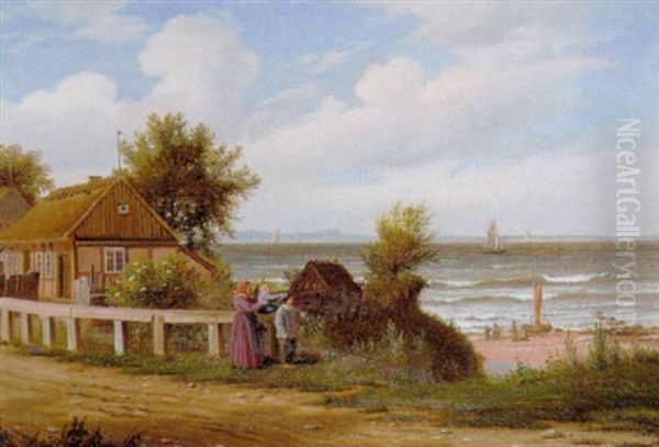 Nordsjaellandsk Kystparti Med En Mor Med Sine Smaborn, Der Afventer Faderens Hjemkomst Fra Sundet - view 1