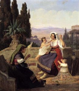 Romersk Familieidyl Med Mor Og To Smaborn Pa Besog Hos Bedstemoder by Peter Johann Raadsig