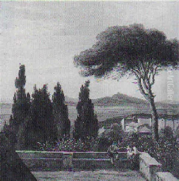 Italiensk Landskab Med Figurer Pa En Terrasse Omgivet Af Appelsintraeer - view 1
