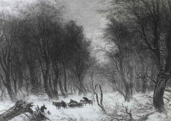 Winter Forest Landscape With Horse Sled And Travelers - view 1