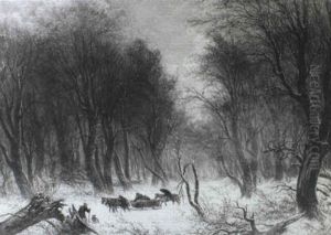 Winter Forest Landscape With Horse Sled And Travelers