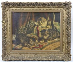 Drie Katjes Spelend Met Draden Rode Wol by Cornelis Raaphorst