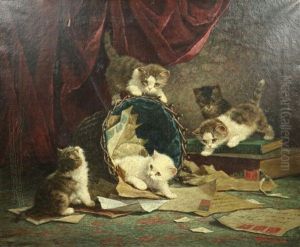 Kittens Spelend Met Een Mand Enveloppen by Cornelis Raaphorst