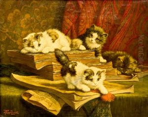 Four Kittens On A Table With Books by Cornelis Raaphorst