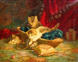 Three Kittens Playing With A Ball Of Yarn by Cornelis Raaphorst