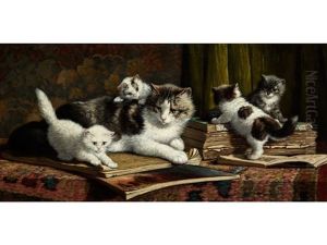 Katzenmutter Mit Vier Katzchen Auf Buchern