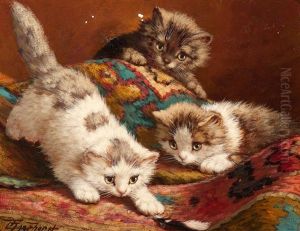 Three Playful Kittens With A Feather by Cornelis Raaphorst