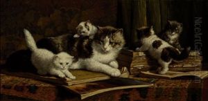Cat With Four Kittens On A Table With Books by Cornelis Raaphorst