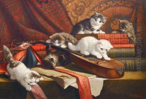 Playing Kittens With Books And A Lute by Cornelis Raaphorst